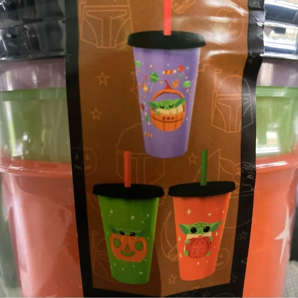 Disney Halloween Grogu 3 pack glow in the dark tumblers with straws.